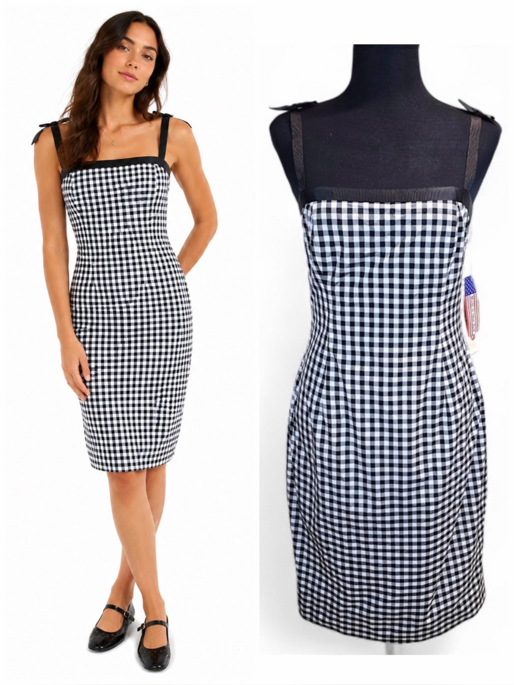 Kathlin Argiro Atelier Gingham Bow Strap Midi Dress 4 Black White Check Vintage